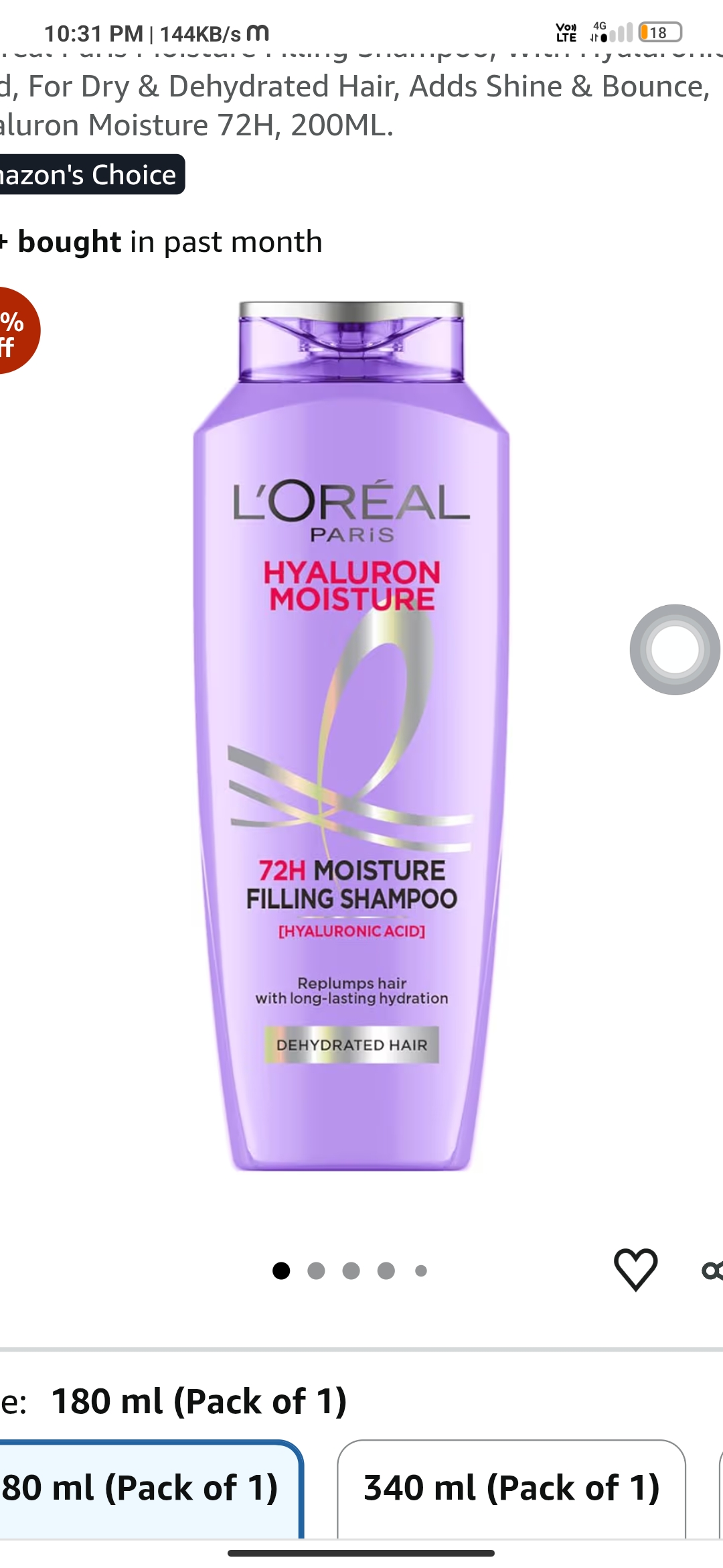 L Oréal Paris Moisture Filling Shampoo, With Hyaluronic Acid, For Dry & Dehydrated Hair, Adds Shine & Bounce, Hyaluron Moisture 72H,