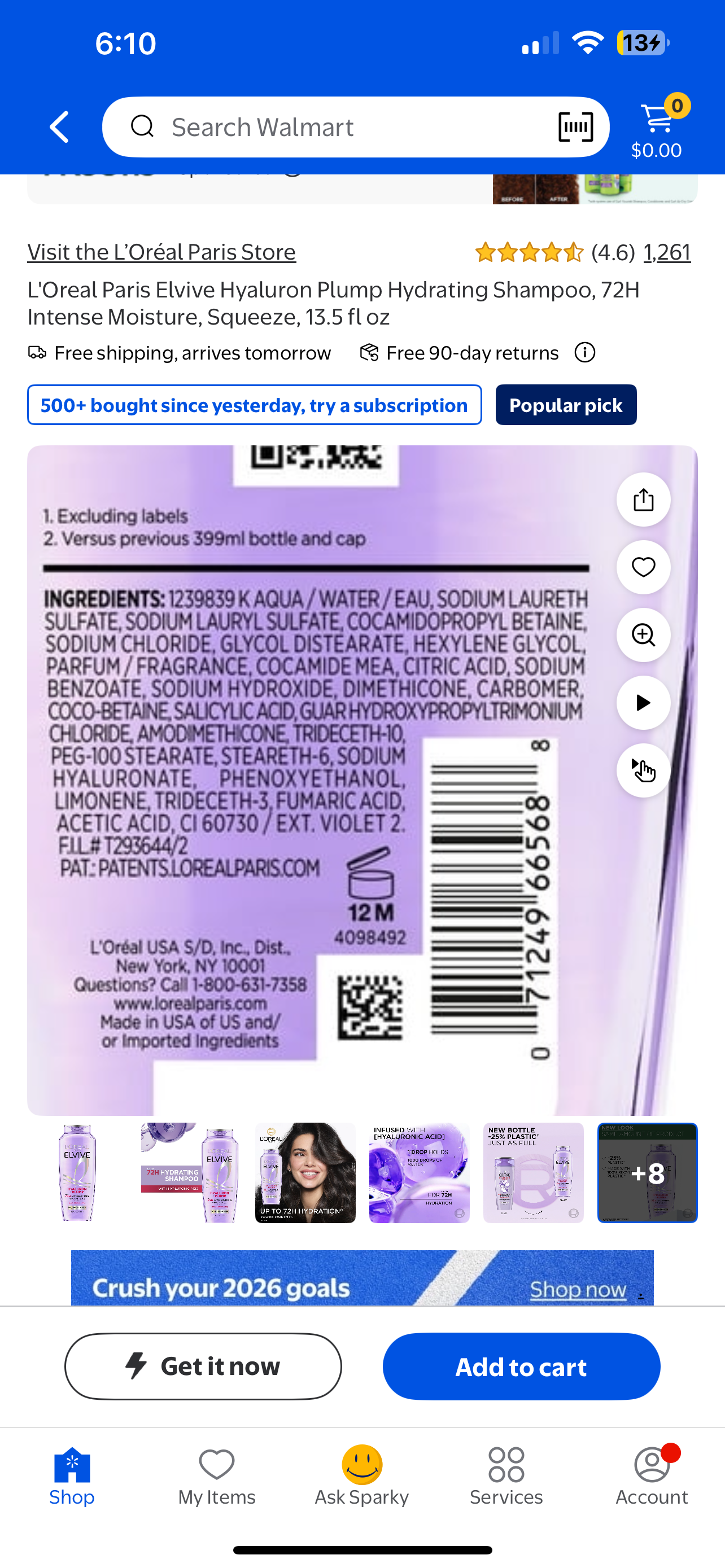 L'Oreal Paris Elvive Hyaluron Plump Hydrating Shampoo, 72H Intense Moisture